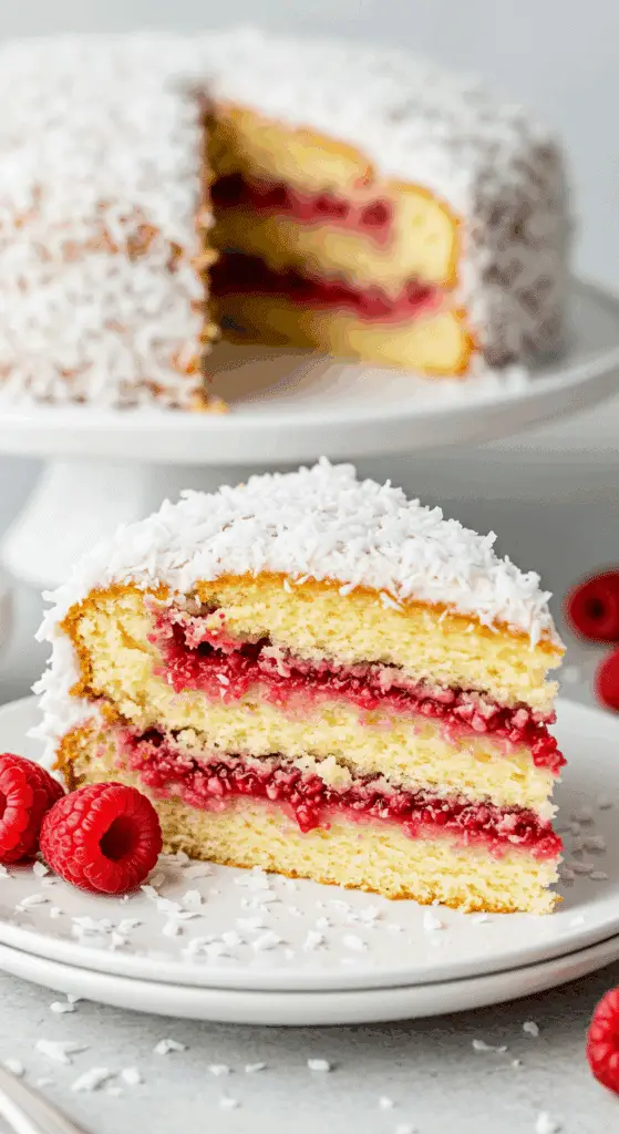 Raspberry swirl coconut snowball cake served for special celebration