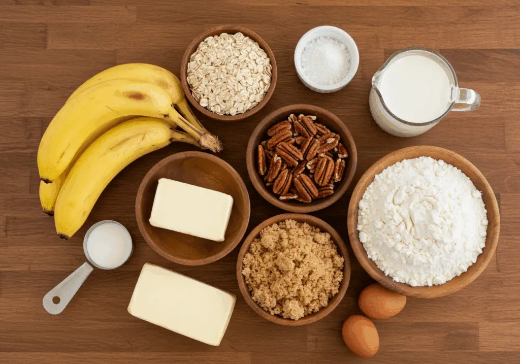 Southern banana cobbler ingredients including bananas, oats, and brown sugar