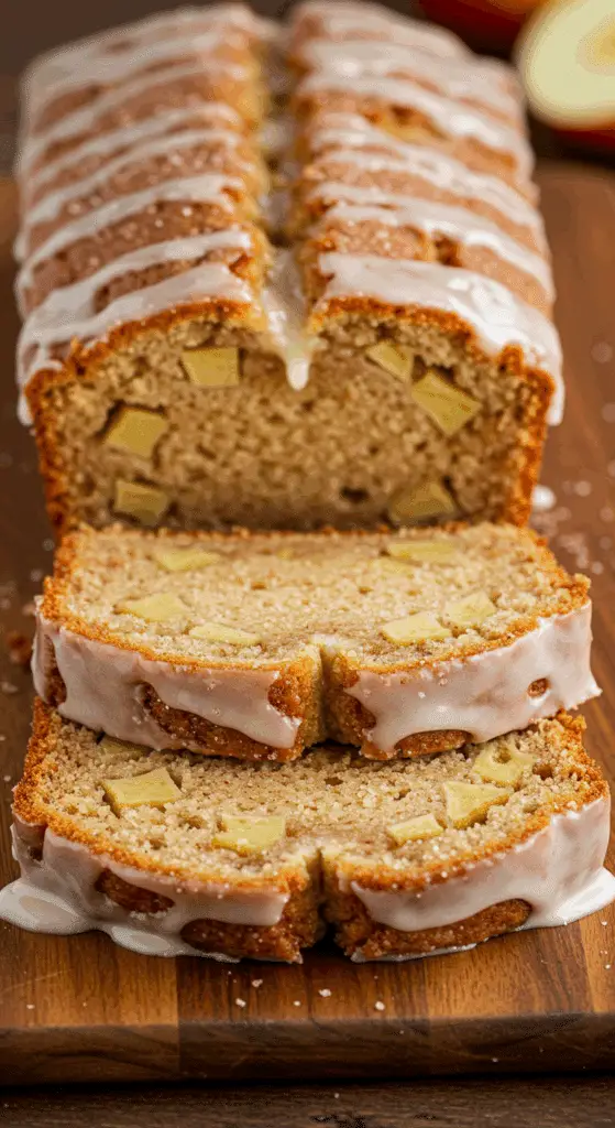 Spiced apple fritter bread slice with glaze and visible apple pieces