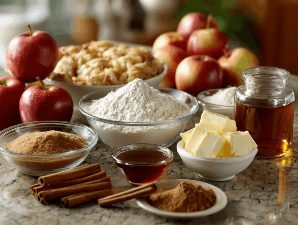 Spiced apple fritter bread ingredients including fresh apples and spices