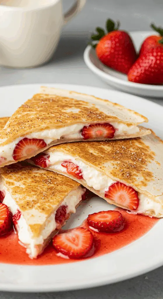 Strawberry cheesecake quesadilla with creamy filling and golden crispy exterior