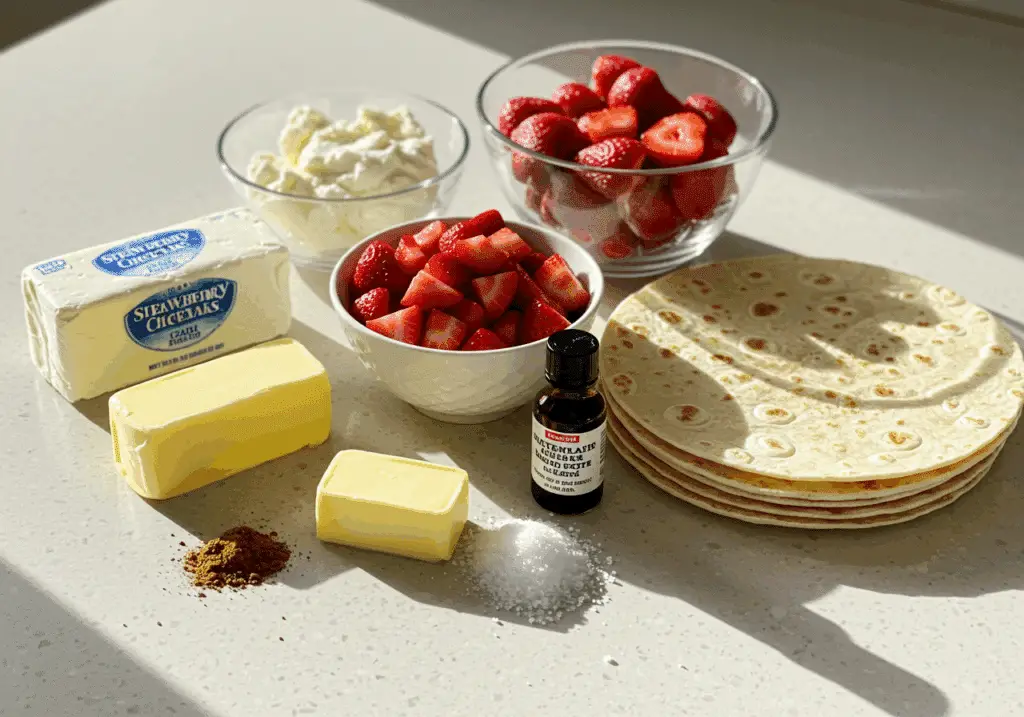 Strawberry cheesecake quesadilla ingredients including cream cheese and strawberries