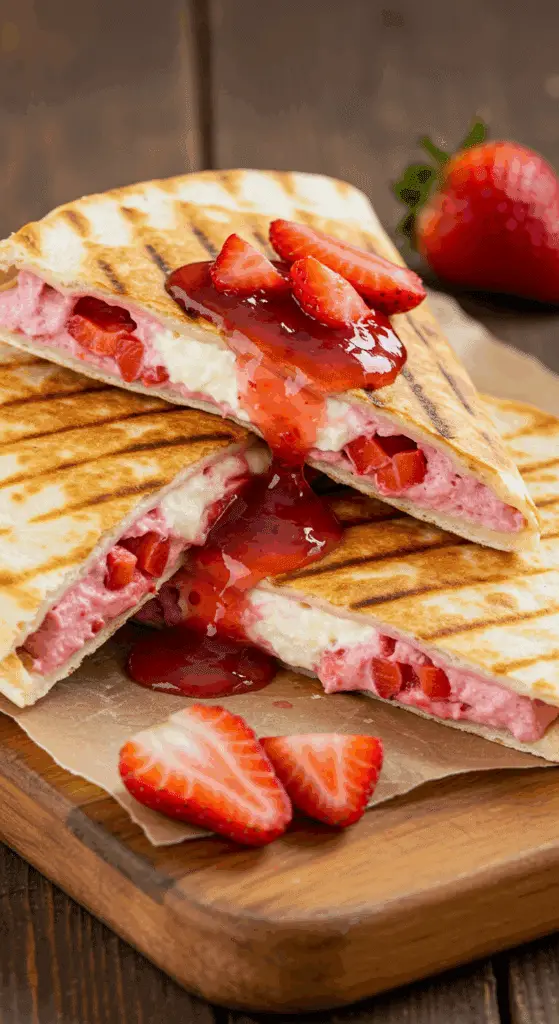Strawberry cheesecake quesadillas served with strawberry dipping sauce