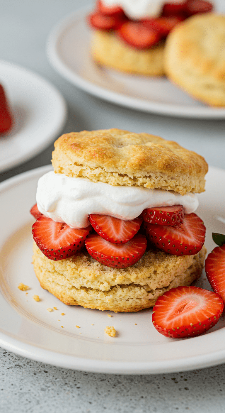 Strawberry shortcake with cornmeal biscuit, fresh strawberries and whipped cream