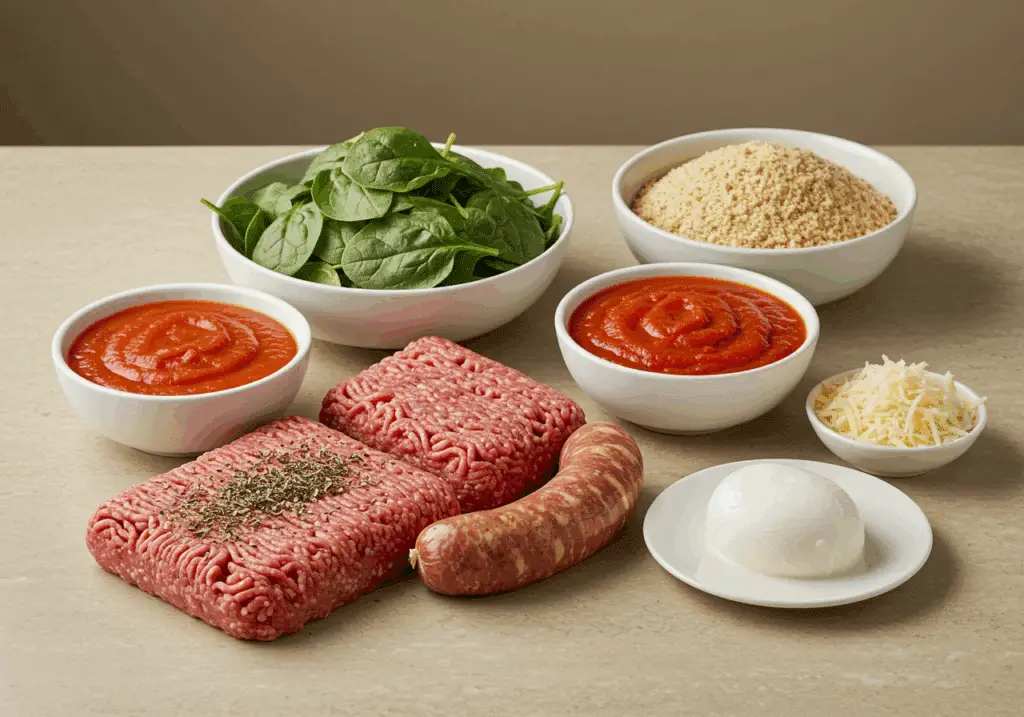Stuffed Italian meatloaf ingredients including ground beef, mozzarella, and Italian seasonings