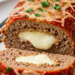 Stuffed Italian meatloaf slice showing molten mozzarella center and marinara topping