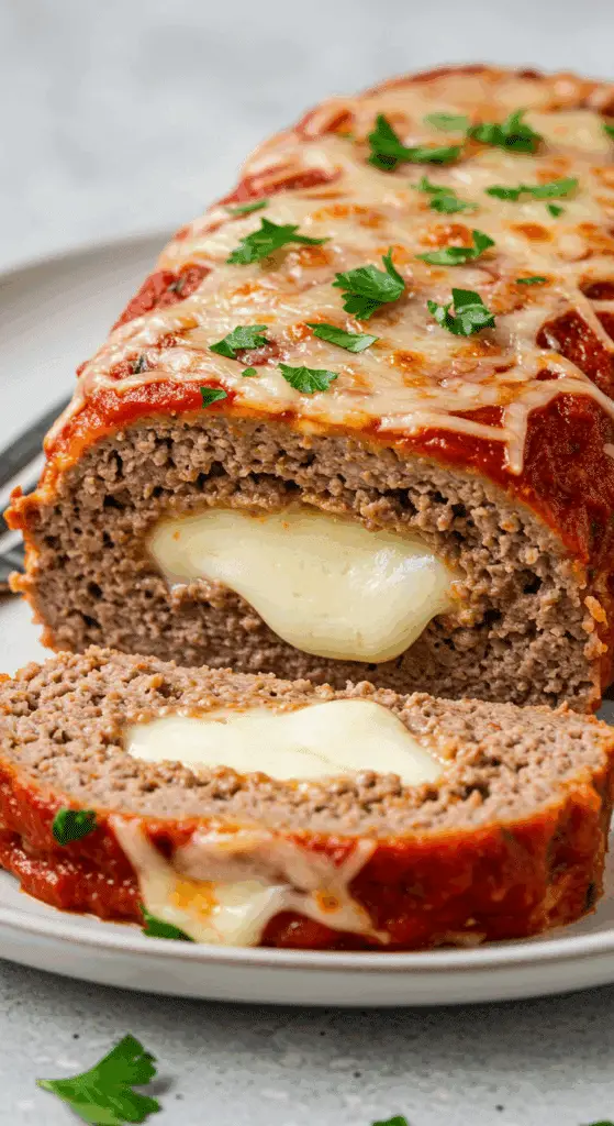 Stuffed Italian meatloaf slice showing molten mozzarella center and marinara topping