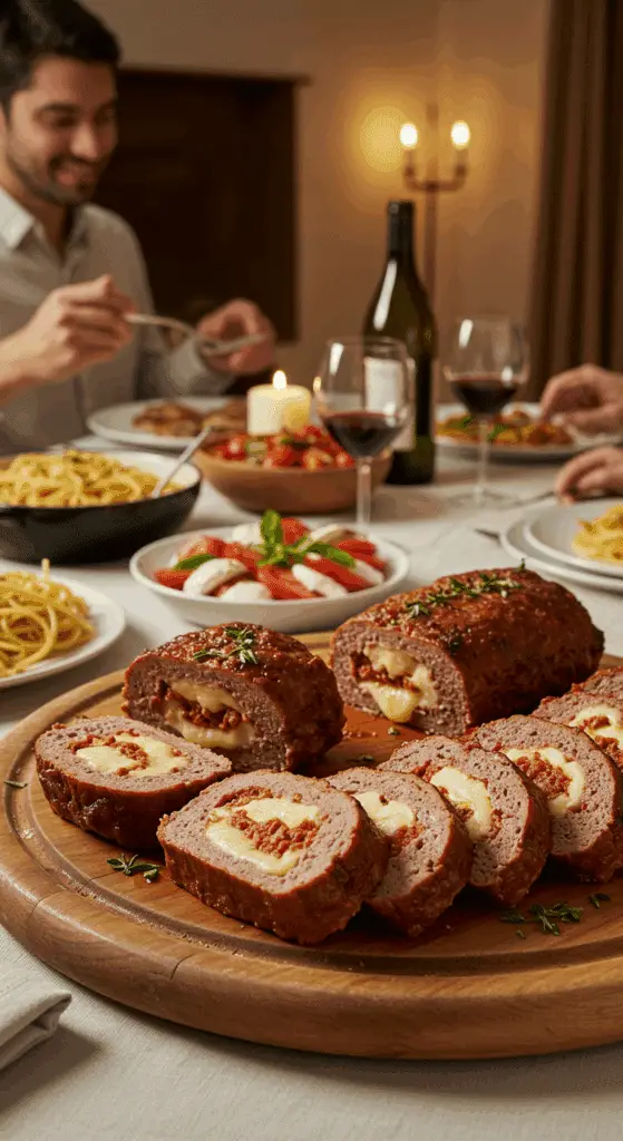 Stuffed Italian meatloaf served for family dinner with Italian side dishes