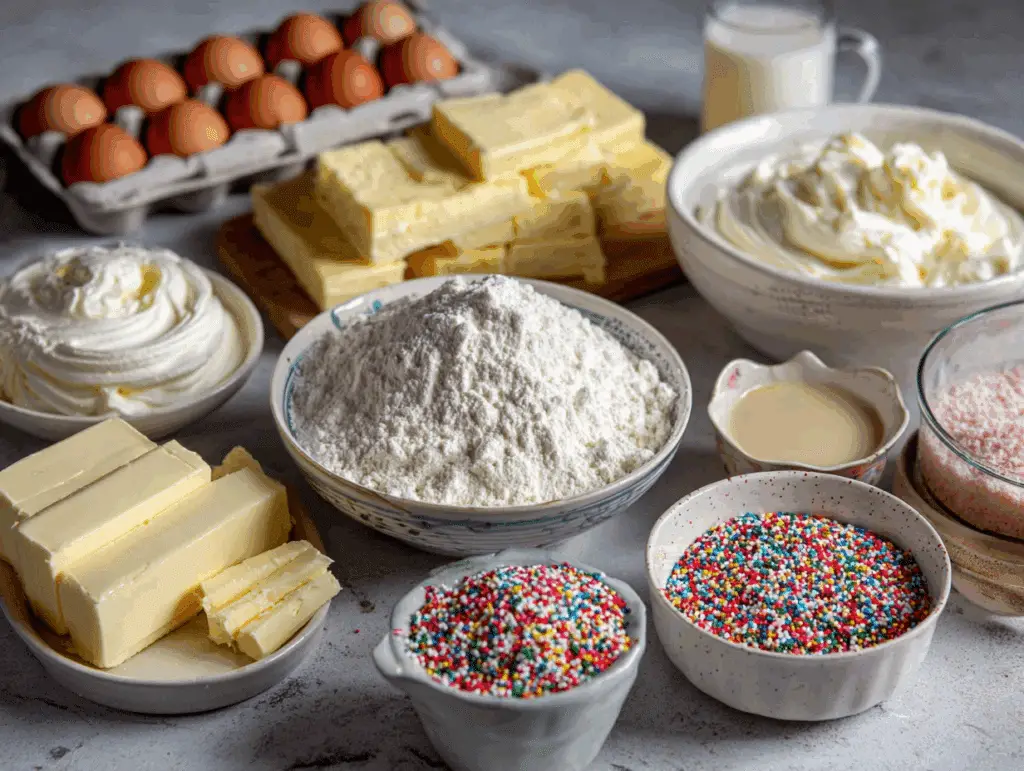 Sugar cookie cheesecake ingredients including cream cheese, sprinkles, and butter