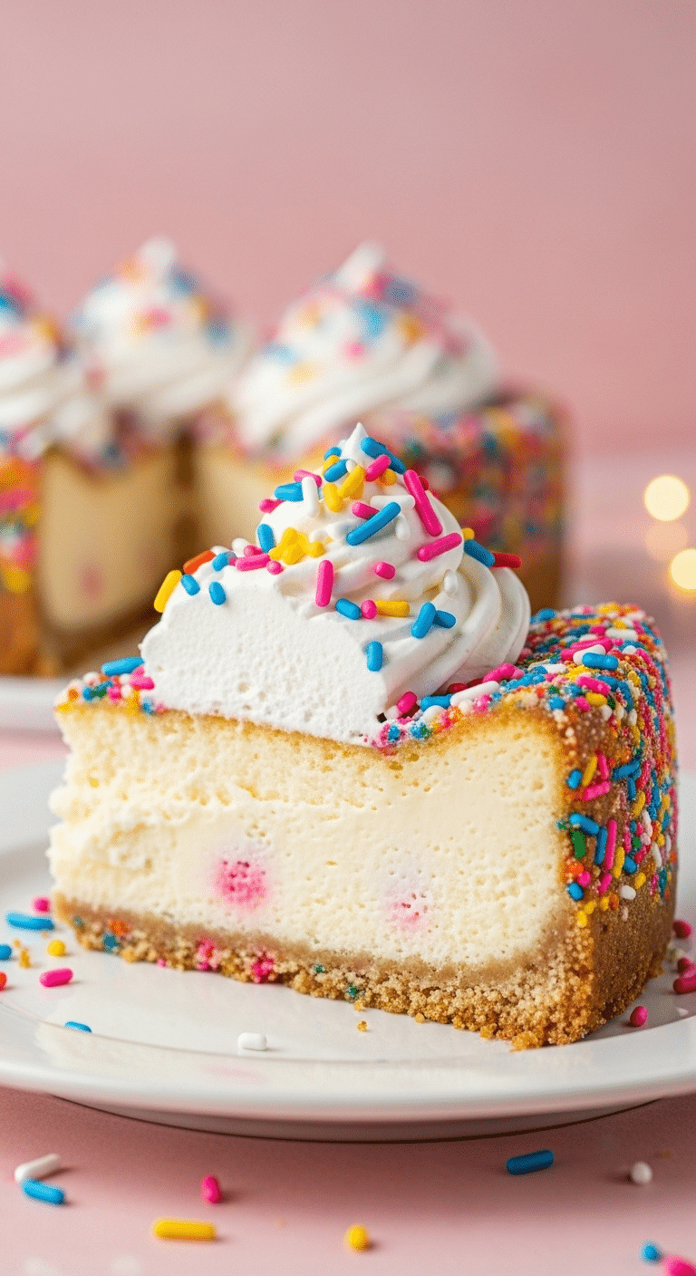 Sugar cookie cheesecake slice with sprinkle crust and whipped cream topping