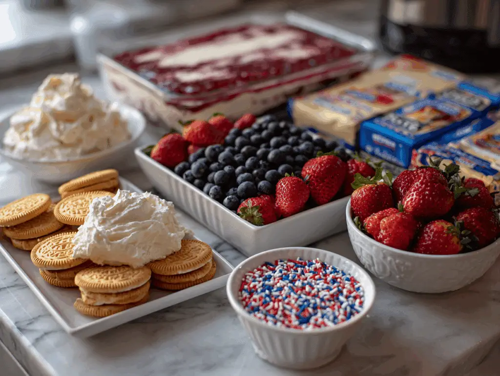 Summer berry jello lasagna ingredients including berries, jello, and Oreos