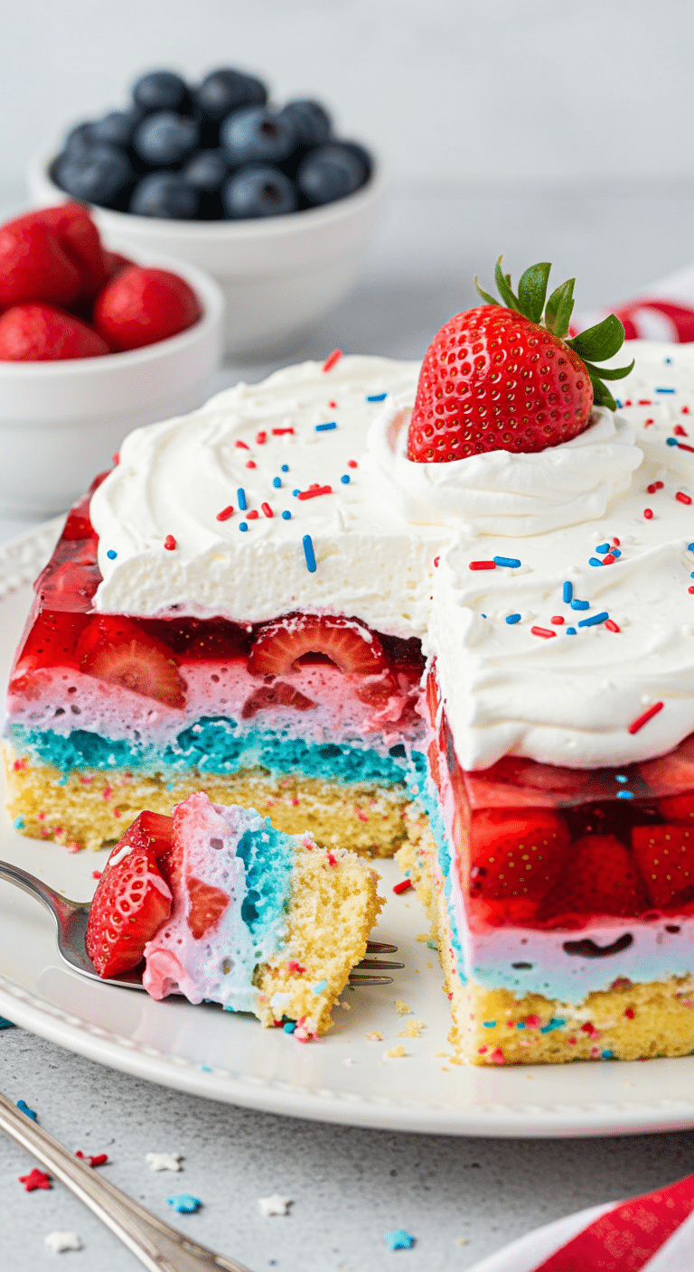 Summer berry jello lasagna slice showing colorful patriotic layers