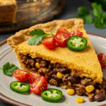 Texas tamale pie slice showing cornbread topping and seasoned beef filling with garnishes