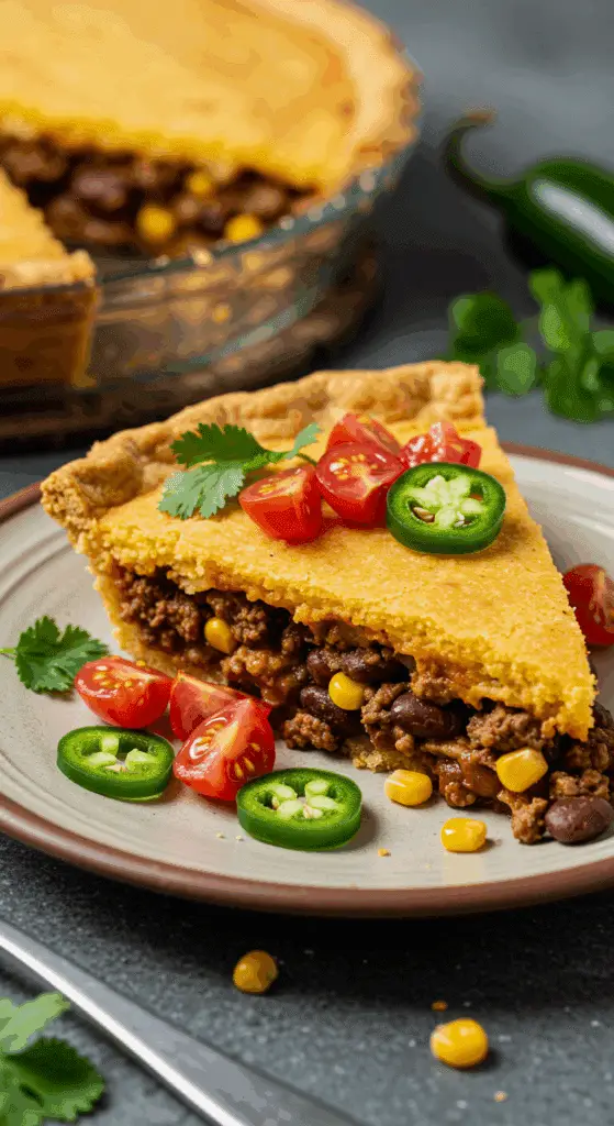 Texas tamale pie slice showing cornbread topping and seasoned beef filling with garnishes