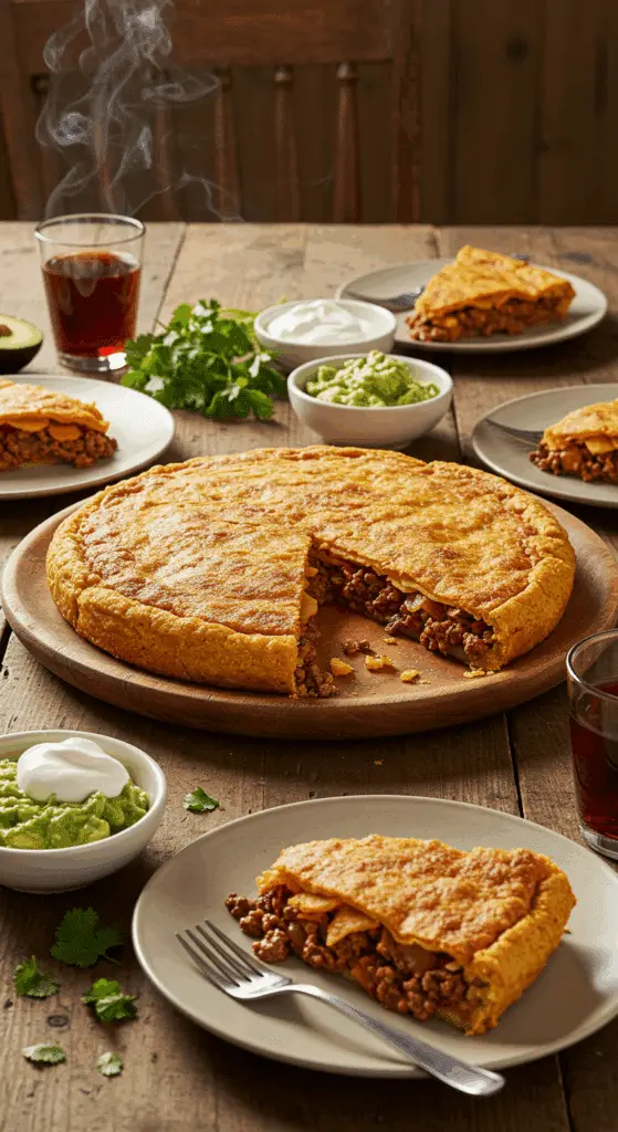 Texas tamale pie served family-style with Tex-Mex garnishes and toppings