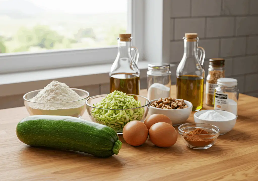 Zucchini bread recipe ingredients including fresh zucchini, flour, and walnuts