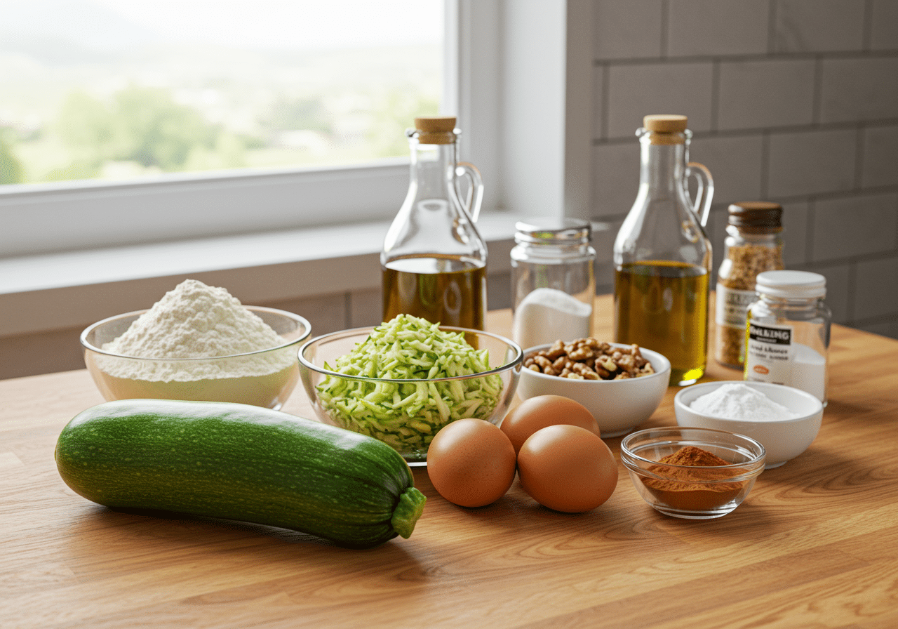 Zucchini bread recipe ingredients including fresh zucchini, flour, and walnuts