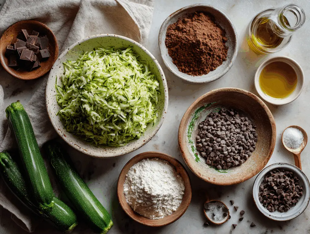 Zucchini brownie ingredients including grated zucchini and cocoa powder