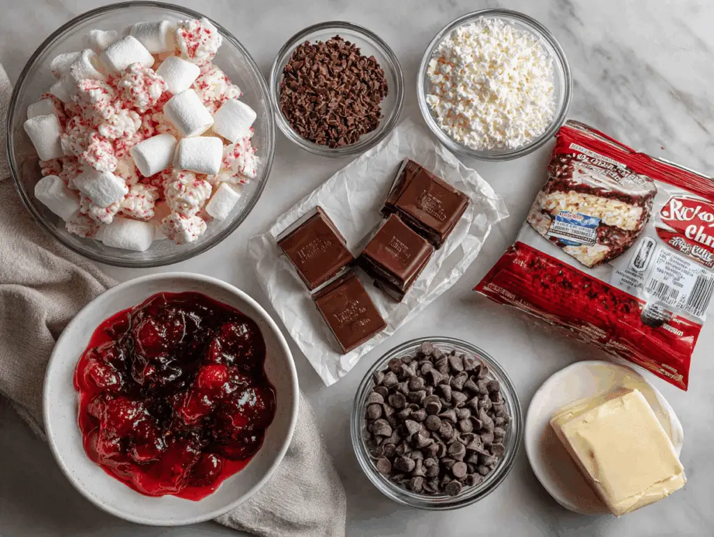Ingredients for chocolate covered cherry Rice Krispies treats including cherry Jello