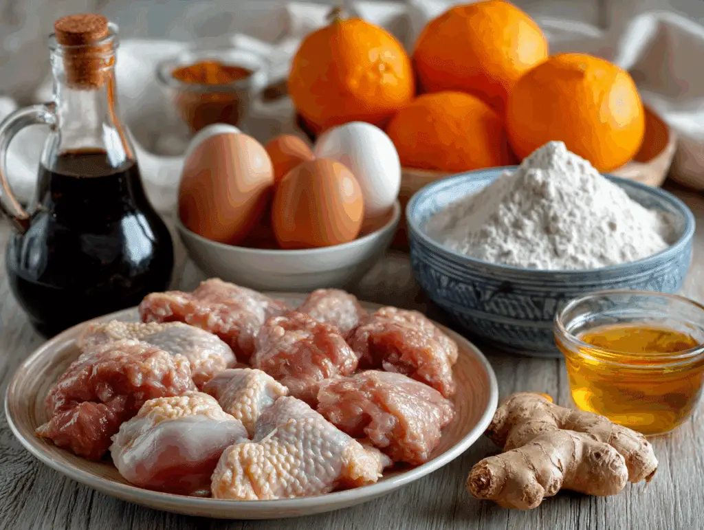 Crispy orange chicken ingredients including chicken, oranges, and seasonings