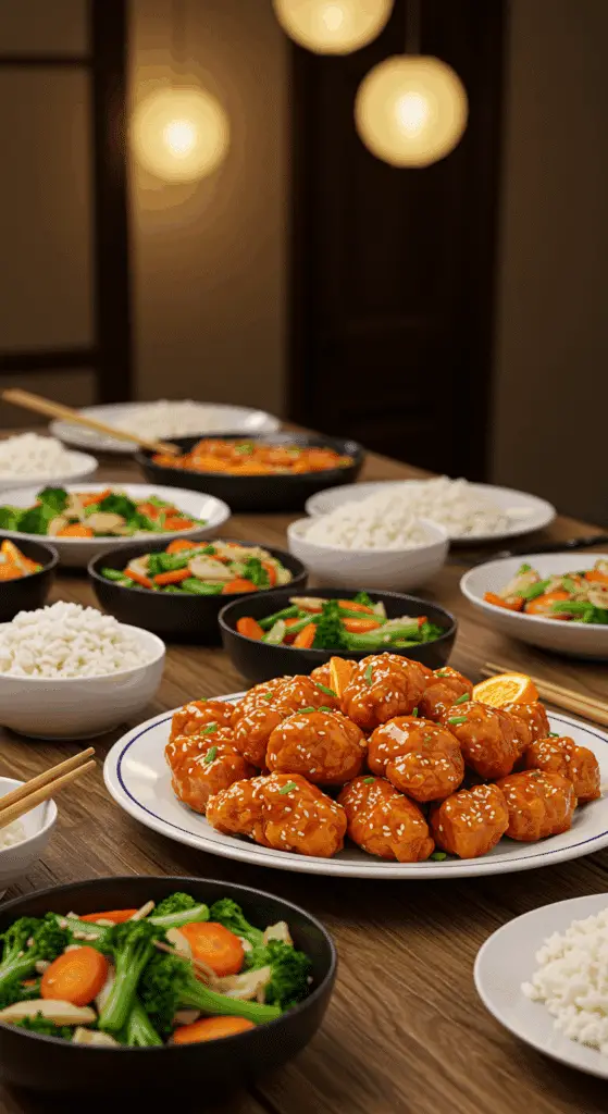 Crispy orange chicken served family-style with rice and vegetables