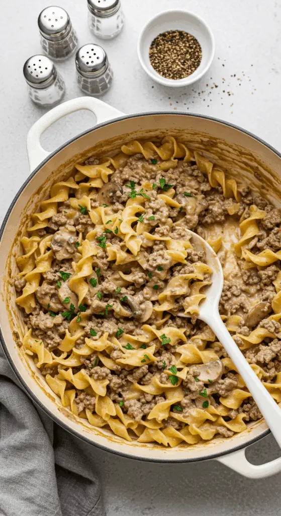Ground beef stroganoff served for family dinner
