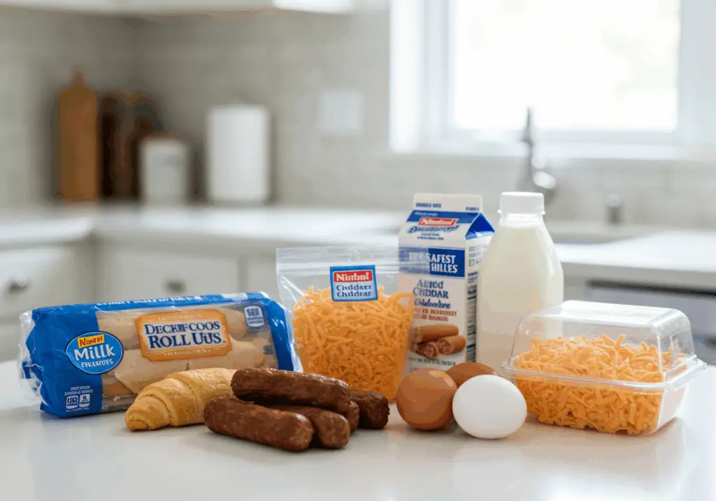Breakfast roll-up ingredients including sausage, eggs, and crescent rolls
