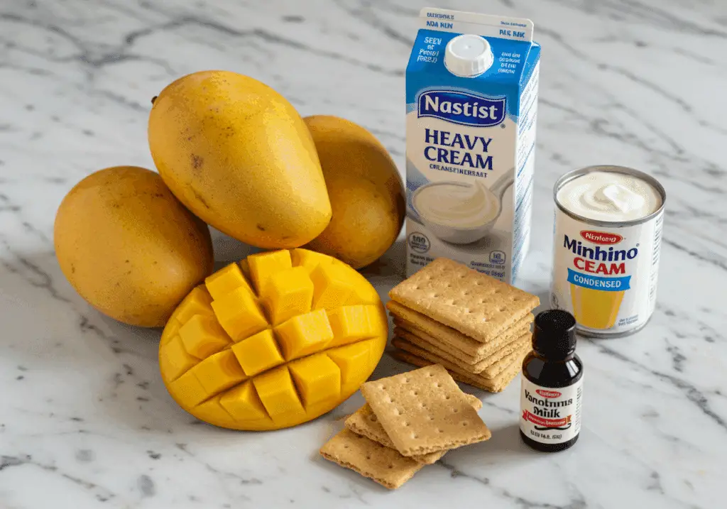 Mango float ingredients including mangoes, cream, and graham crackers
