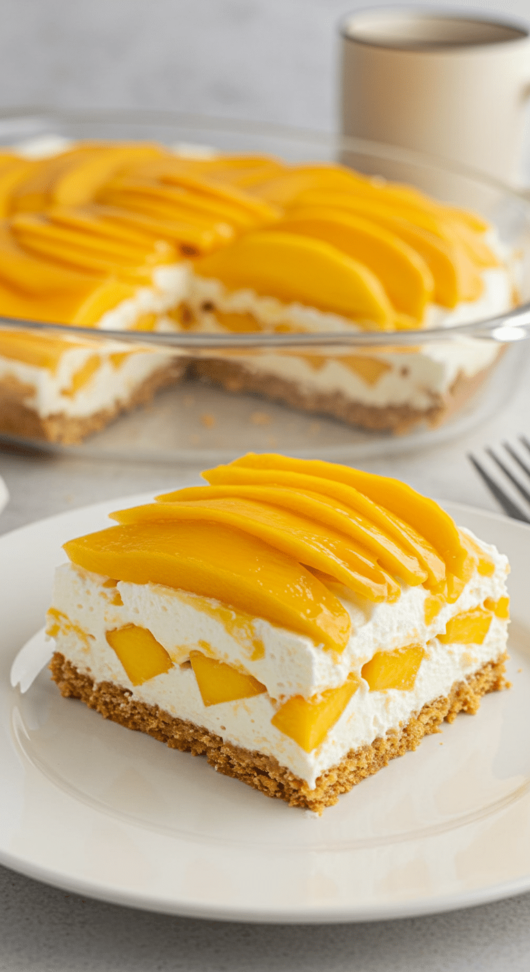 Mango float slice showing layered dessert with mangoes and cream