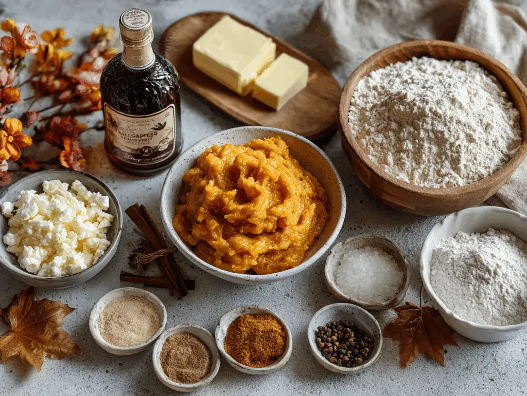 Maple pumpkin cookie ingredients including pumpkin puree and maple syrup