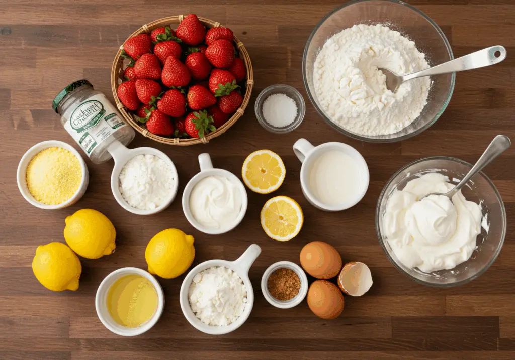 Strawberry shortcake ingredients including strawberries, flour, and cornmeal