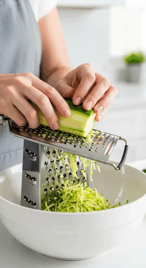 Grating fresh zucchini for zucchini brownies recipe