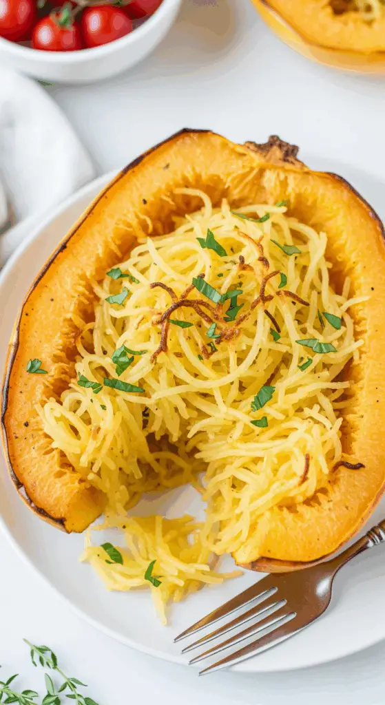 Air fryer spaghetti squash with golden edges and fluffy noodle-like strands