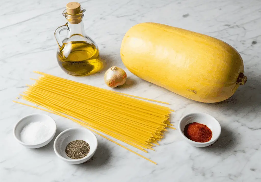 Air fryer spaghetti squash ingredients including whole squash and seasonings