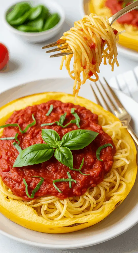 Air fryer spaghetti squash served with marinara sauce as healthy pasta alternative