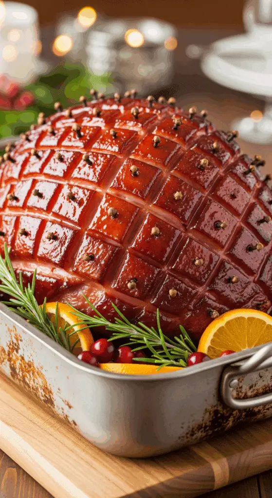 Sangria ham with golden caramelized glaze and whole cloves in roasting pan