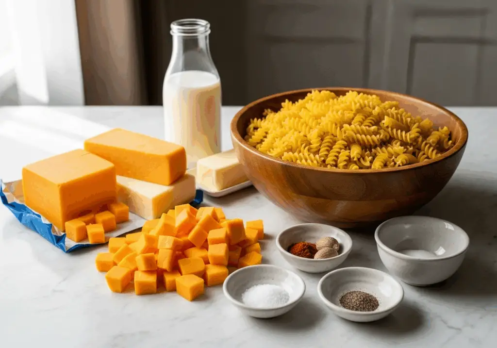 Butternut squash mac and cheese ingredients including pasta, cheese, and squash