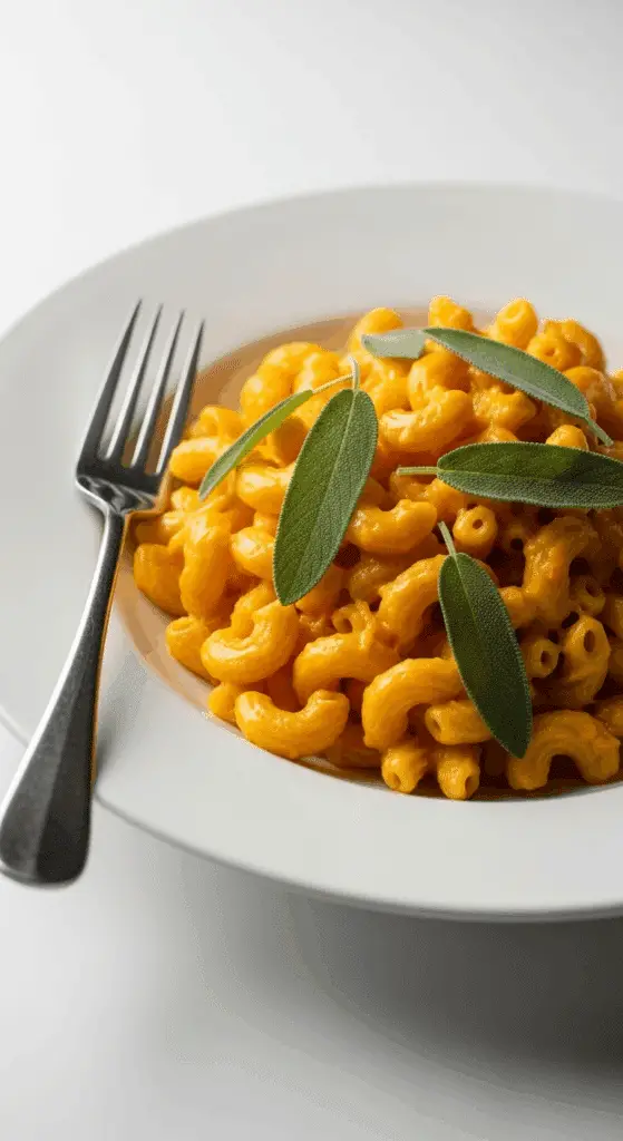 Single serving of butternut squash mac and cheese plated elegantly with herbs