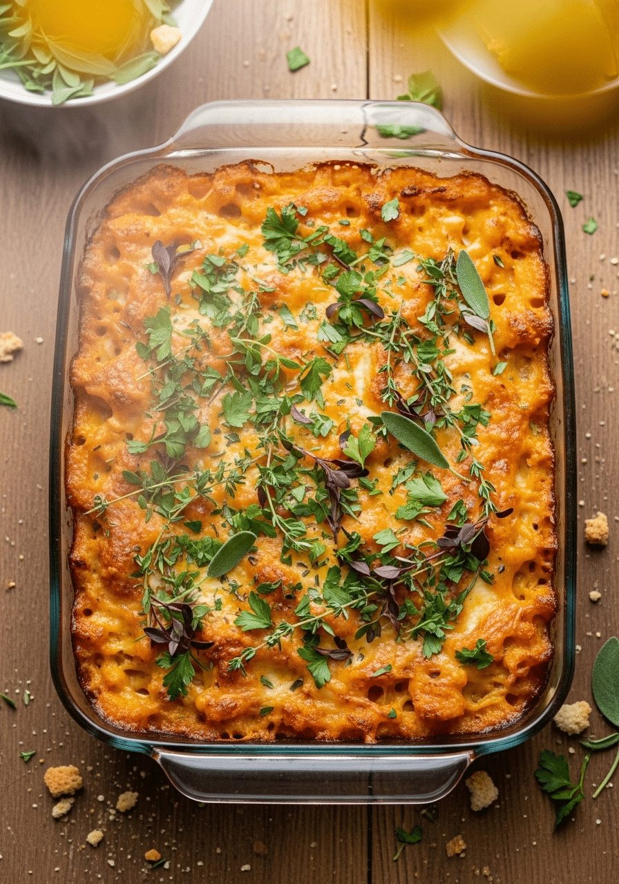 Butternut squash mac and cheese casserole with golden breadcrumb topping