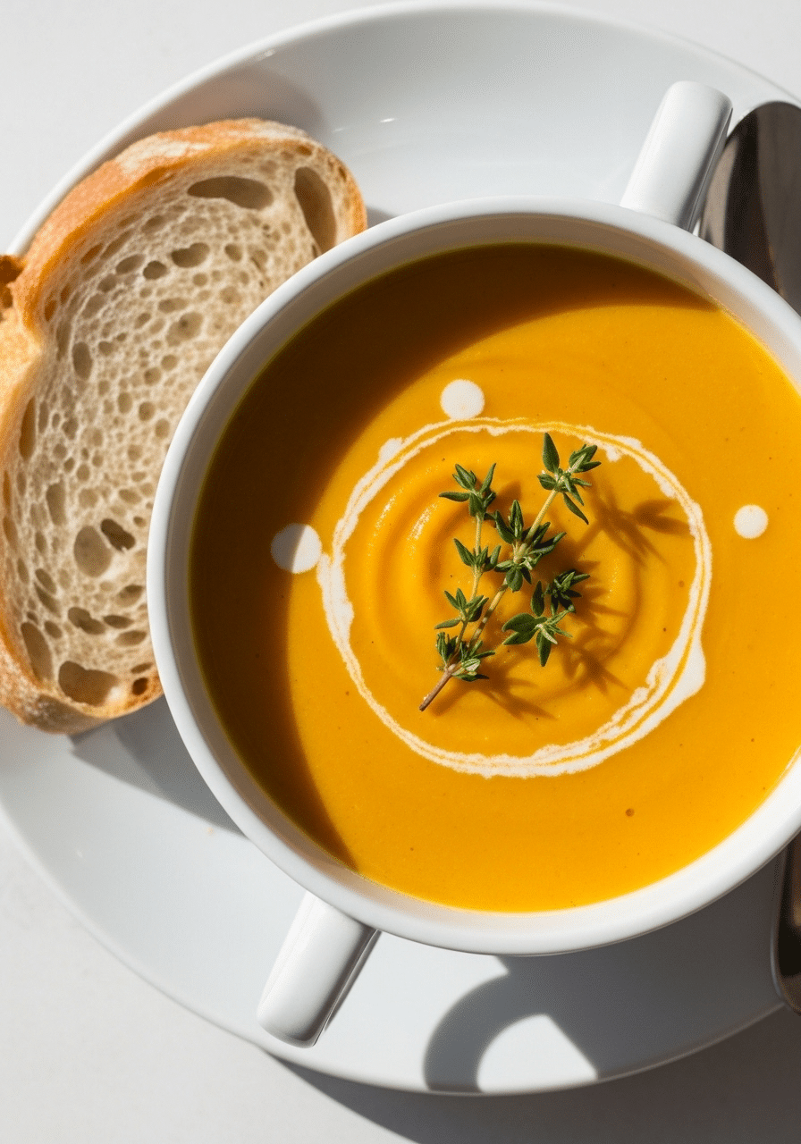 Butternut squash soup in white bowl with cream swirl and thyme garnish