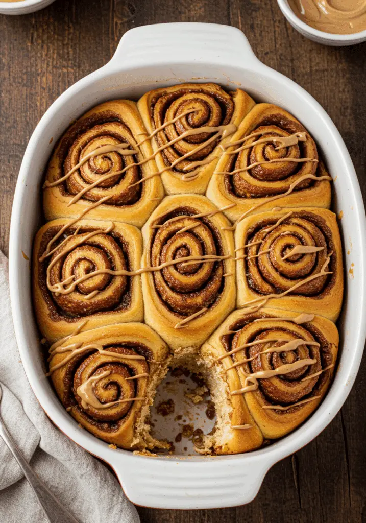 Chai cinnamon rolls with espresso icing in baking dish showing spiral pattern