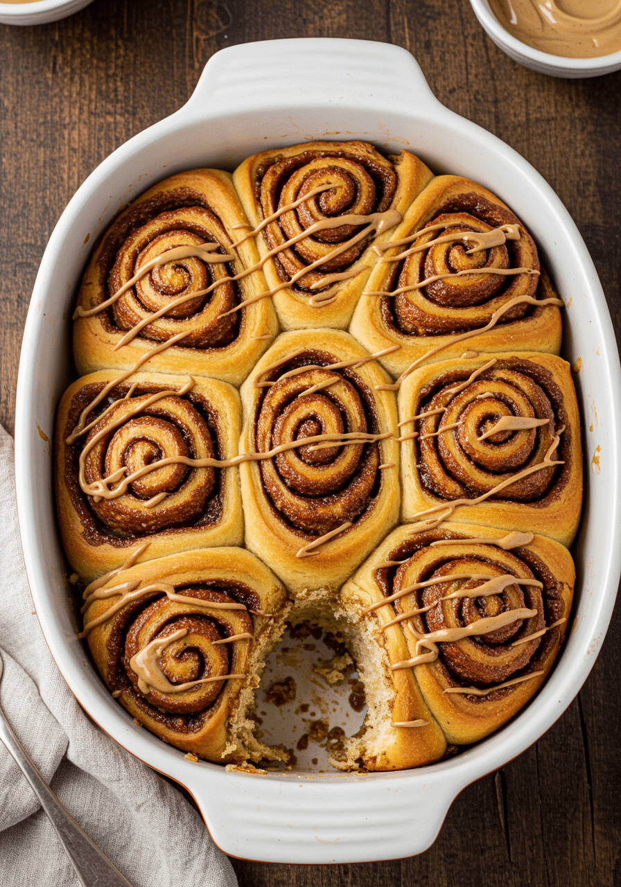 Chai cinnamon rolls with espresso icing in baking dish showing spiral pattern