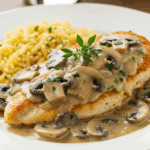 Chicken marsala with golden chicken breasts in creamy Marsala wine sauce and mushrooms