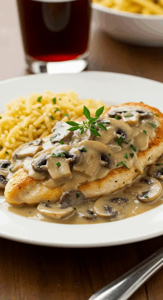 Chicken marsala with golden chicken breasts in creamy Marsala wine sauce and mushrooms