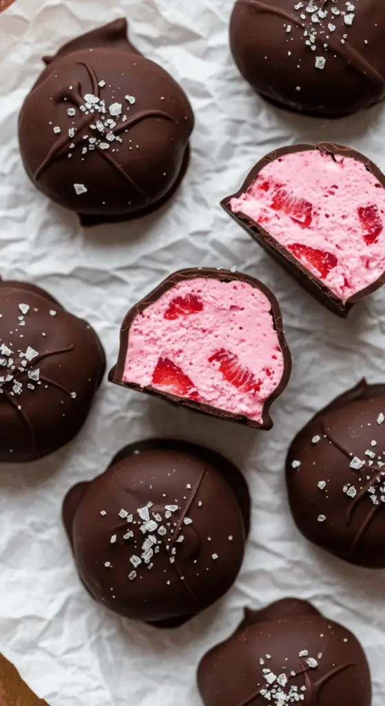 Chocolate strawberry frozen yogurt bites served as healthy dessert with fresh strawberry garnish