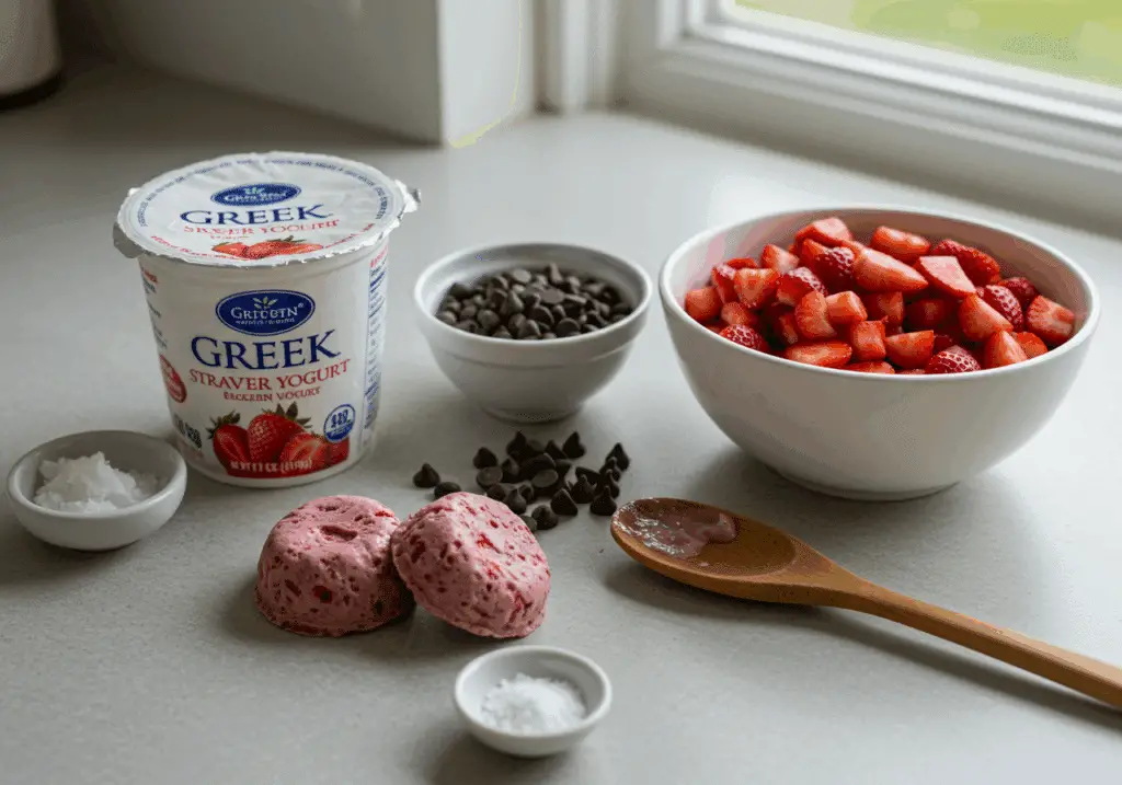 Chocolate strawberry frozen yogurt bite ingredients including Greek yogurt, strawberries, and chocolate