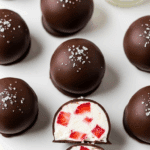 Chocolate strawberry frozen yogurt bites with dark chocolate coating and strawberry yogurt interior