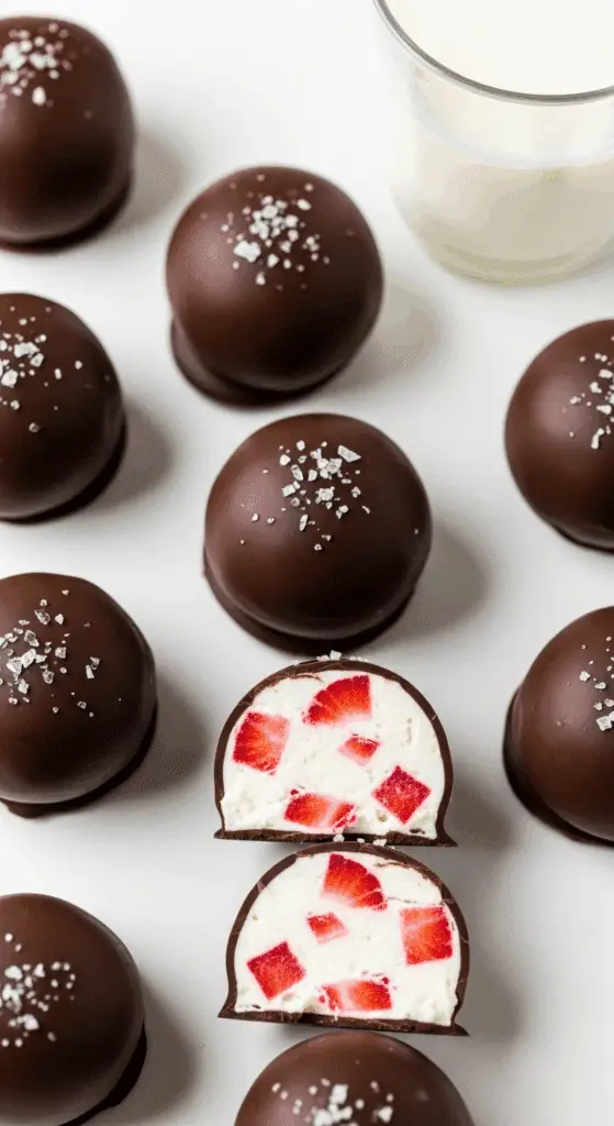 Chocolate strawberry frozen yogurt bites with dark chocolate coating and strawberry yogurt interior