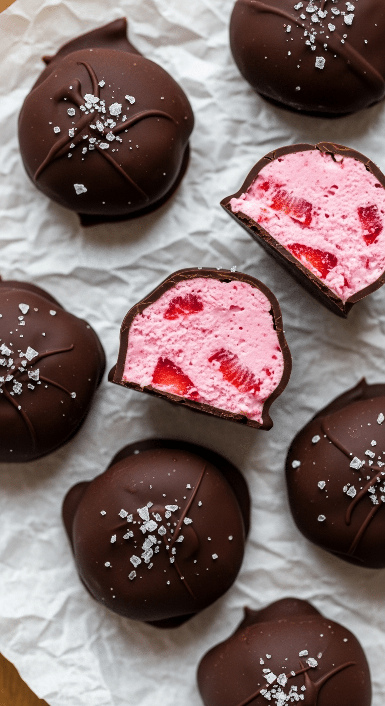 Chocolate strawberry frozen yogurt bites served as healthy dessert with fresh strawberry garnish