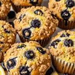 Cottage cheese blueberry muffins with streusel topping and fresh blueberries showing moist interior